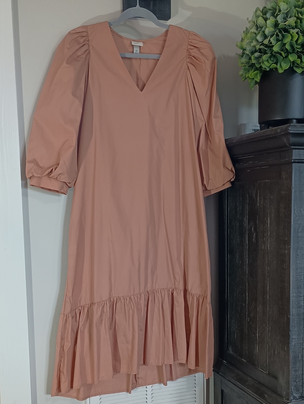 a new day Dusty Rose V-Neck Midi Dress with Puff Sleeves
